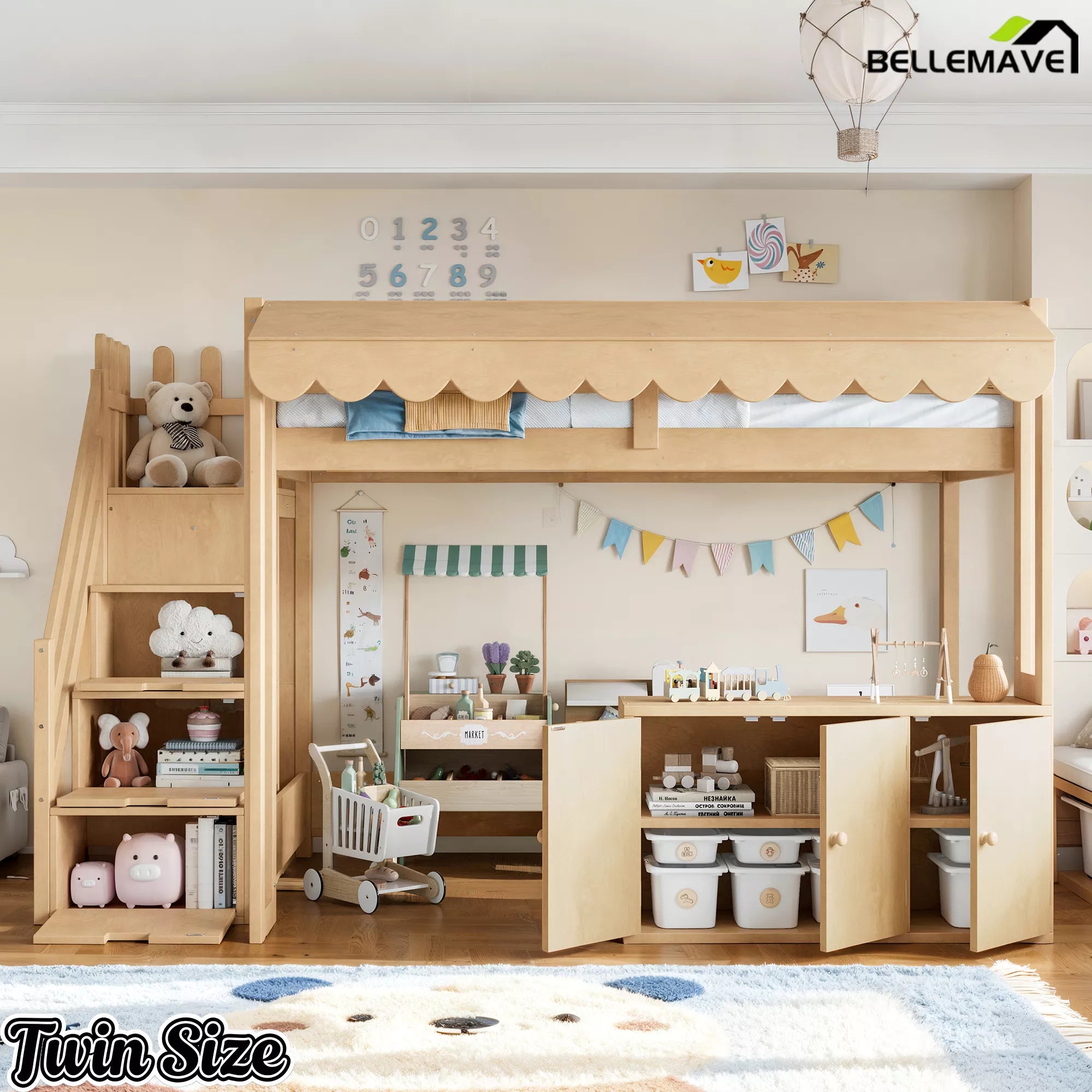 twin kids loft bed with storage stairs and playhouse design