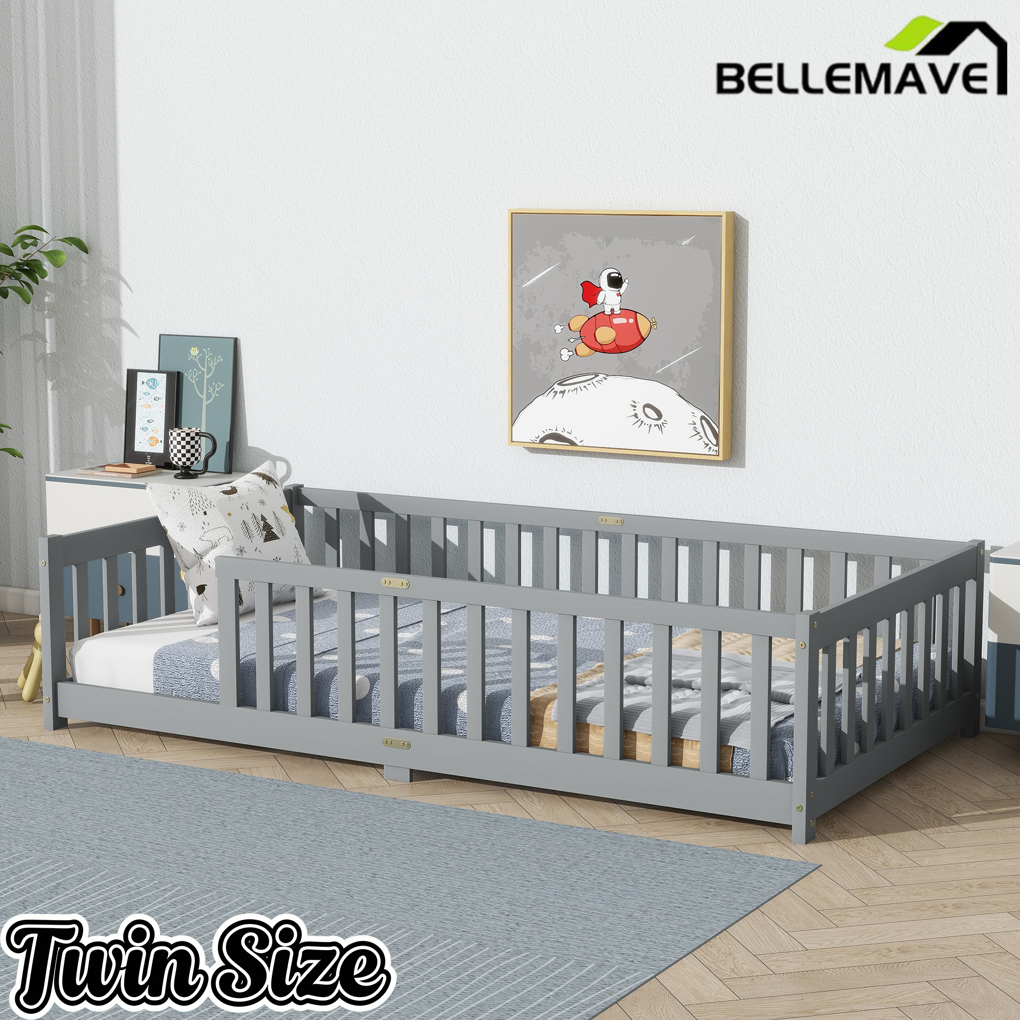 Bellemave® Twin Size Montessori Floor Bed for Kids,Twin Floor Bed Frame with Slats,Solid Wood Twin Bed Frame for Girls Boys,Grey Bellemave®