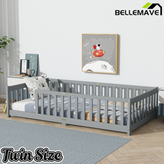 Bellemave® Twin Size Montessori Floor Bed for Kids,Twin Floor Bed Frame with Slats,Solid Wood Twin Bed Frame for Girls Boys,Grey Bellemave®