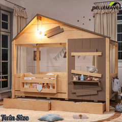Bellemave® Wooden Farmhouse House Bed with Storage Drawers, Window Shelf & Side Hooks, Kids Playhouse Floor Bed
