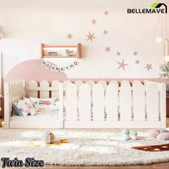 Bellemave® Solid Wood Montessori Floor Bed with Fence Guardrails, Low Profile Kids Floor Bed Frame