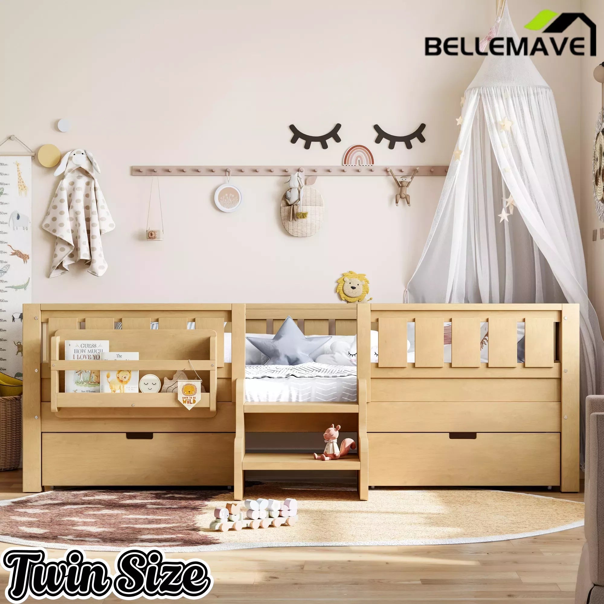 Bellemave® Kids Twin Size Montessori Bed Frame with Built-in Storage Shelves and Drawers, Floor Bed with Staircase and Full-Length High Rails,for Boys, Girls, Wood,Easy Assemble Bellemave®