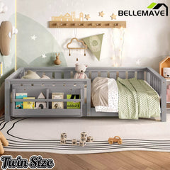 Bellemave® Kids Montessori Floor Bed with Safety Guardrails, Built-in Bookcase & Wooden Slats — Twin, Full, Queen Sizes Bellemave®