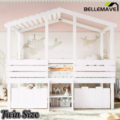 Bellemave® House Bed with Stairs & Storage Drawers for Kids, Wood Low Loft Bed Frame, House-shaped Roof, Childlike Design, Farmhouse Style Bellemave®