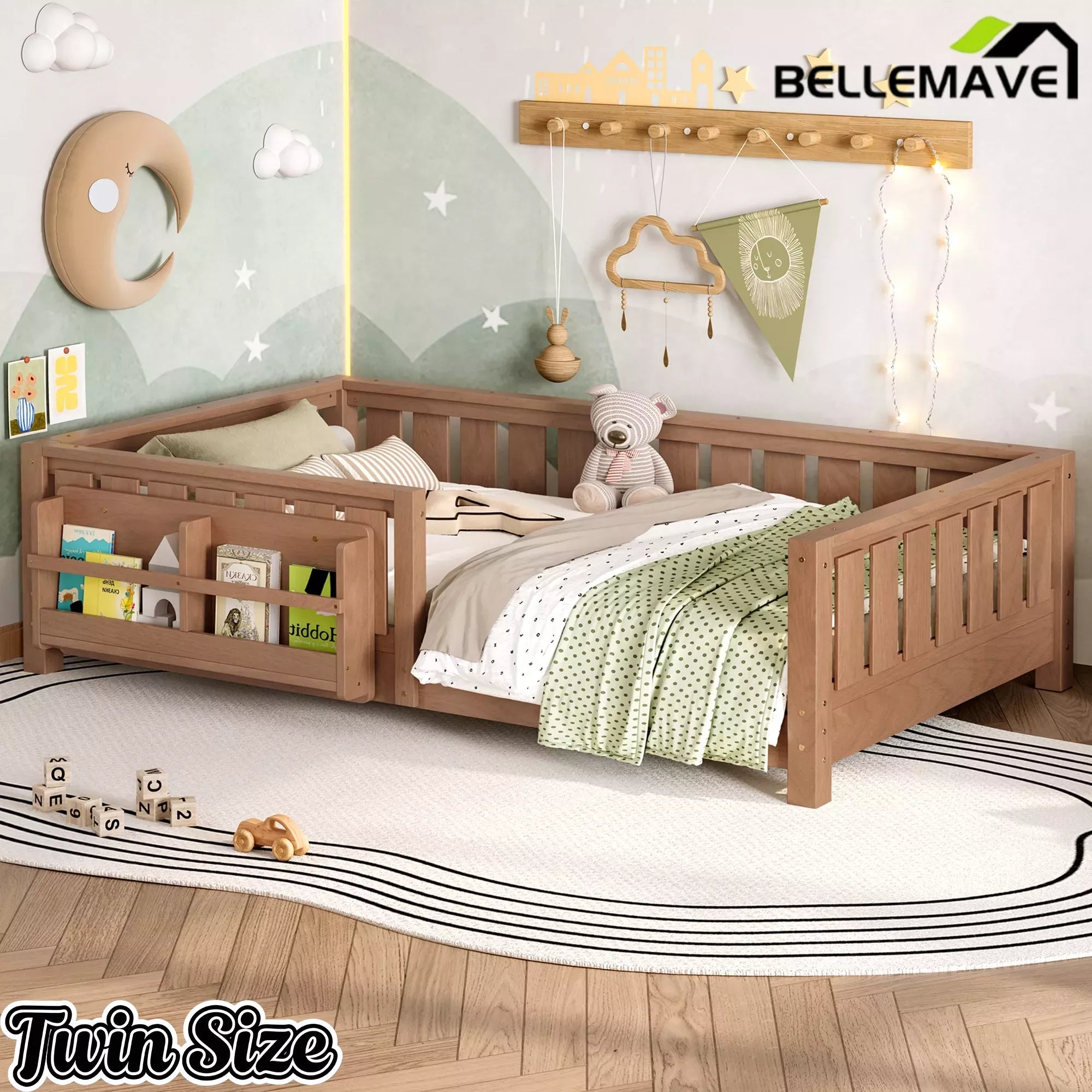 Bellemave® Kids Montessori Floor Bed with Safety Guardrails, Built-in Bookcase & Wooden Slats — Twin, Full, Queen Sizes Bellemave®