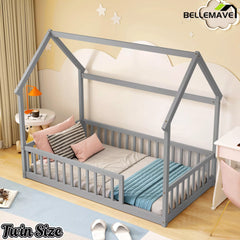 Side angle view of Bellemave® gray twin wood floor bed