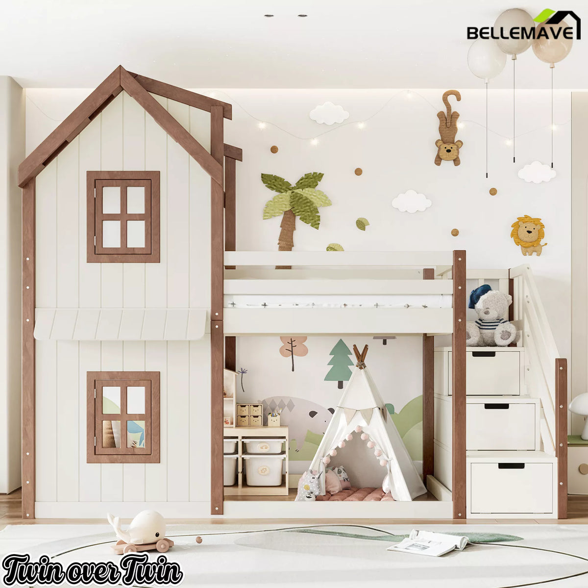 Twin over twin playhouse bunk bed with storage stairs