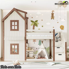 Twin over twin playhouse bunk bed with storage stairs