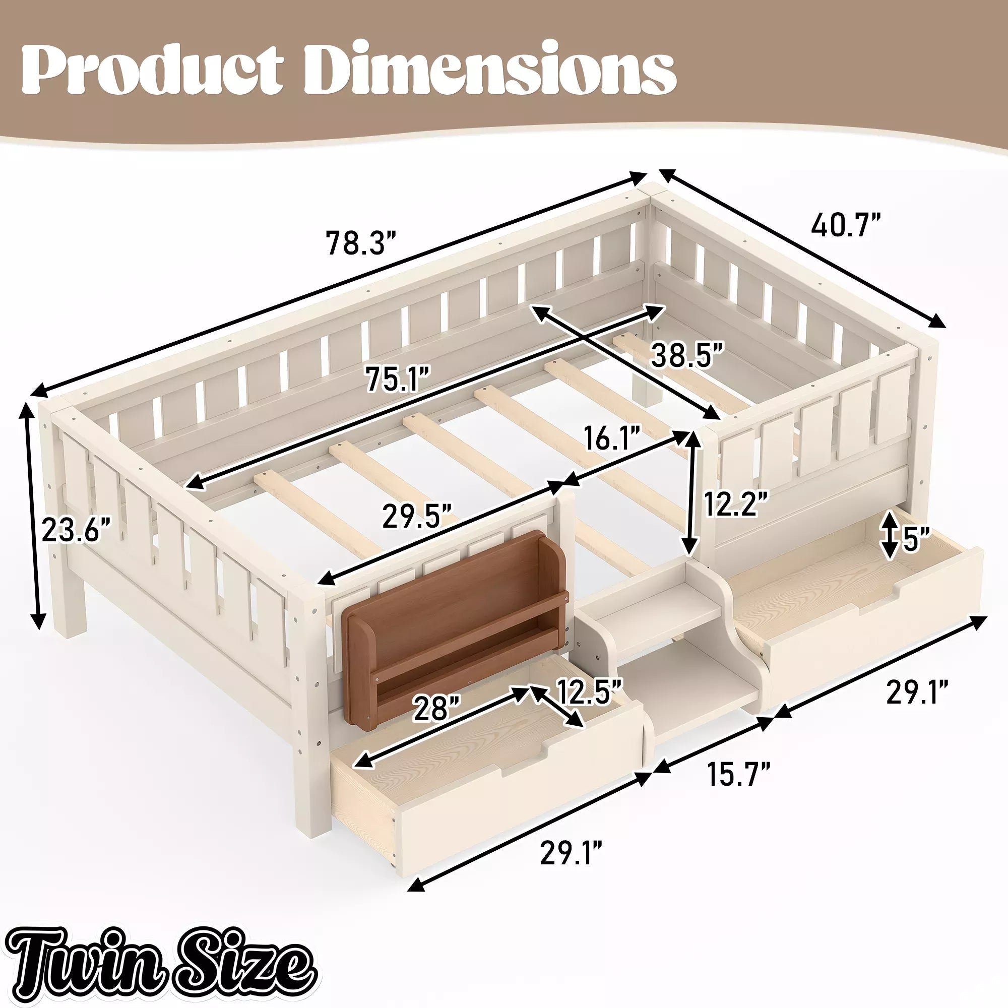 Bellemave® Montessori Bed with Stairs, Rails & Slats, Montessori Floor Bed with Bookshelf & 2 Storage Drawers for Girls & Boys Bellemave®