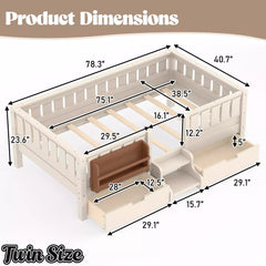 Bellemave® Montessori Bed with Stairs, Rails & Slats, Montessori Floor Bed with Bookshelf & 2 Storage Drawers for Girls & Boys Bellemave®