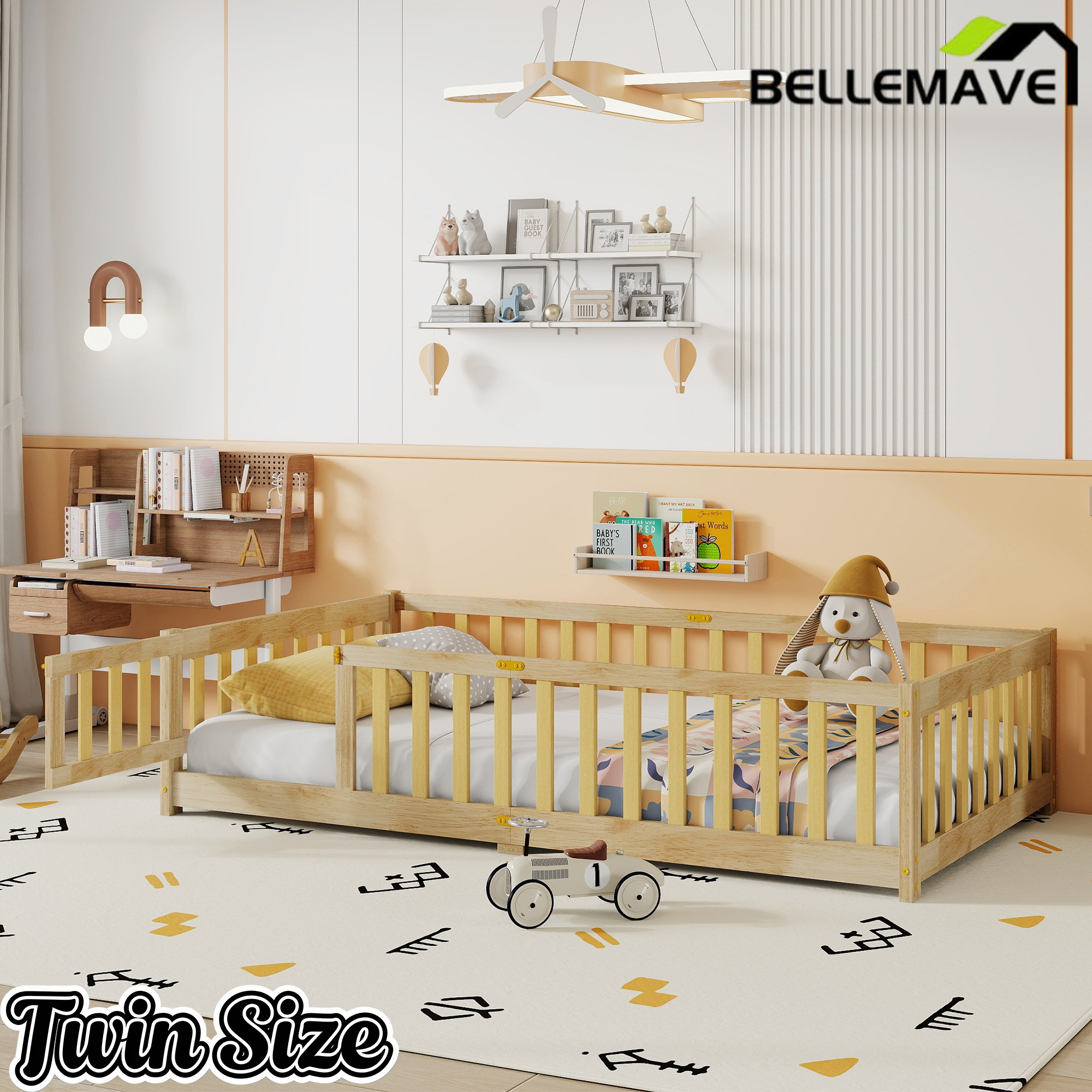 Bellemave® Twin Size Montessori Floor Bed for Kids,Twin Floor Bed Frame with Slats,Solid Wood Twin Bed Frame for Girls Boys,Grey Bellemave®