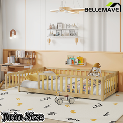 Bellemave® Twin Size Montessori Floor Bed for Kids,Twin Floor Bed Frame with Slats,Solid Wood Twin Bed Frame for Girls Boys,Grey Bellemave®