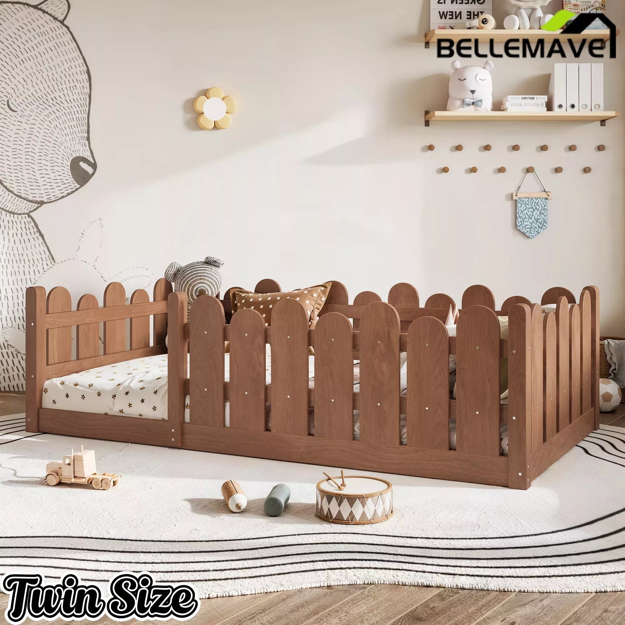 Bellemave® Kids Montessori Floor Bed with Rounded Safety Guardrail,Solid Wood Montessori Bed for Girls & Boys Bellemave®