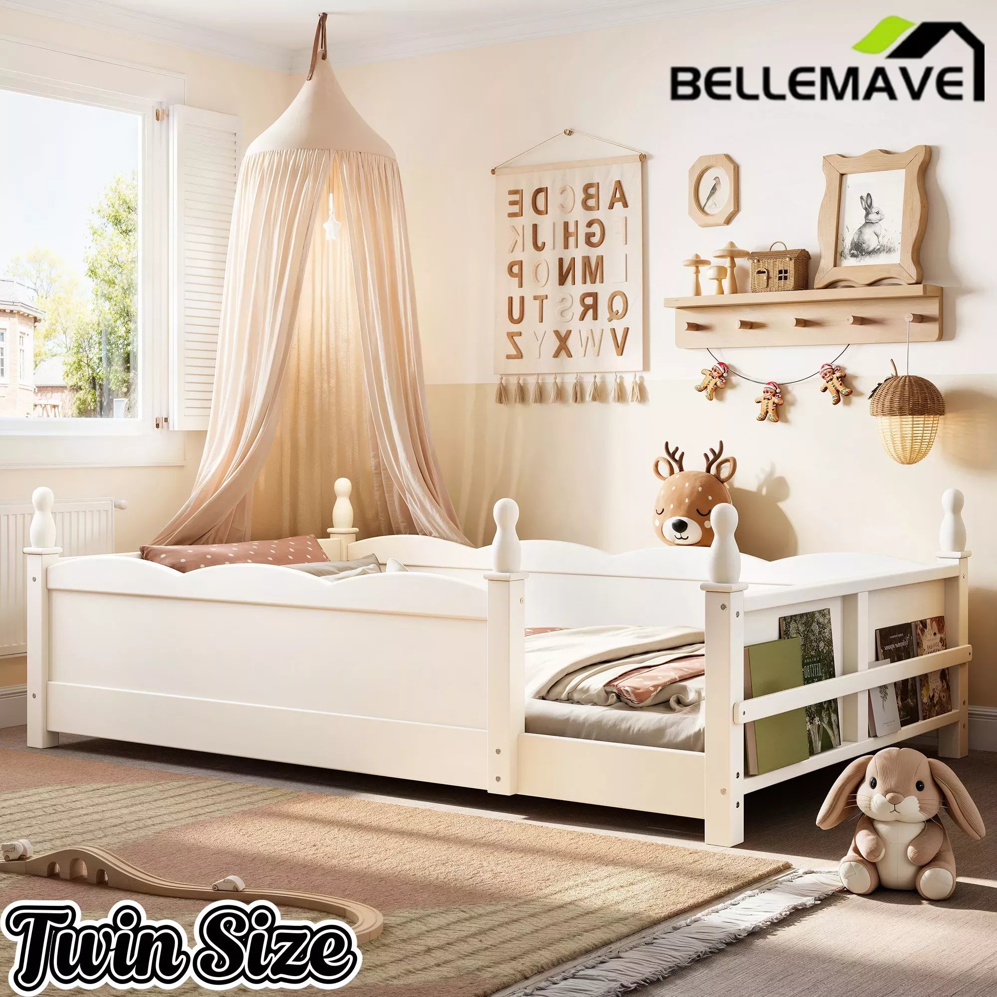 Bellemave® Floor Bed with Bookshelf & Safety Guardrails for Kids, Wooden Montessori Bed Frame with Childlike Design for Girls Boys Bellemave®