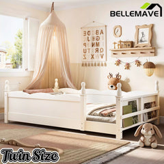 Bellemave® Floor Bed with Bookshelf & Safety Guardrails for Kids, Wooden Montessori Bed Frame with Childlike Design for Girls Boys Bellemave®