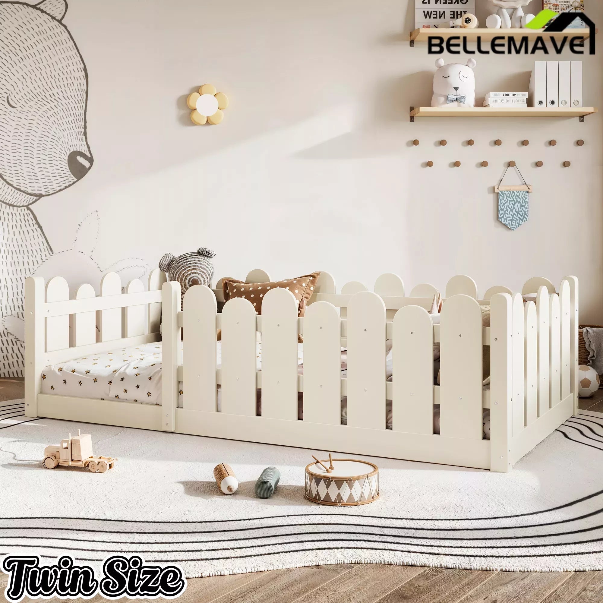 Bellemave® Kids Montessori Floor Bed with Rounded Safety Guardrail,Solid Wood Montessori Bed for Girls & Boys Bellemave®