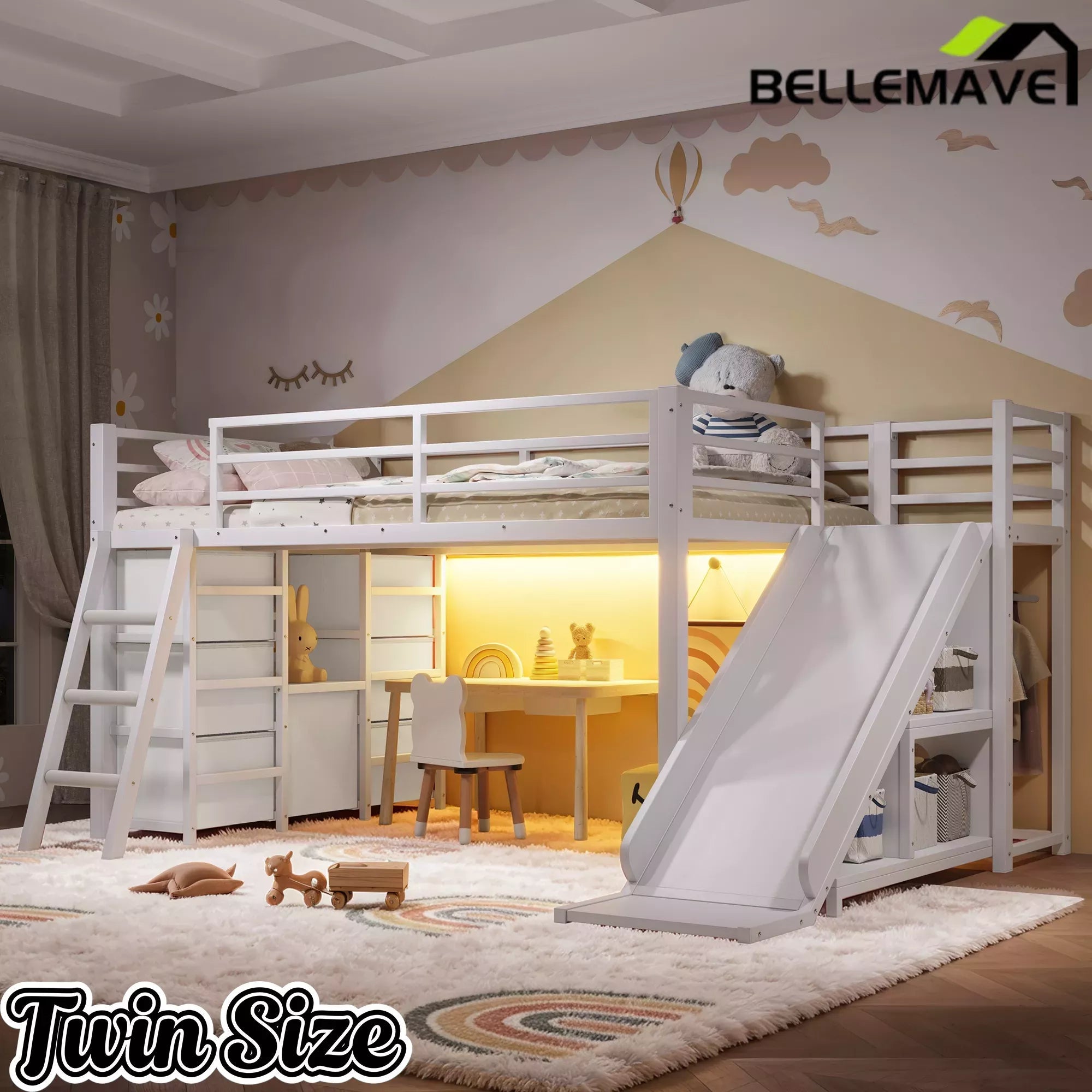 Bellemave® Twin Metal Loft Bed with Slide, 7 Drawers & LED Lights — Storage Shelves & Hanging Area for Kids Bellemave®