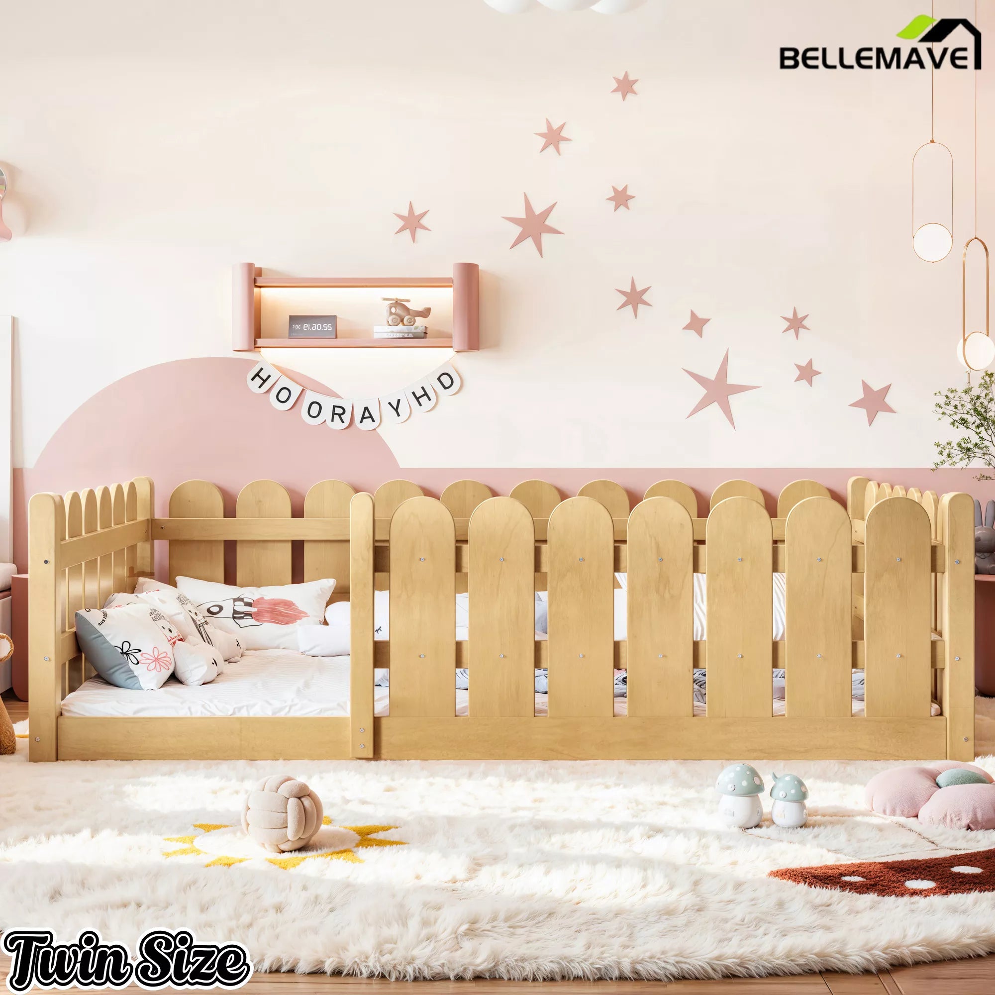 Montessori kids bedroom with solid wood floor bed