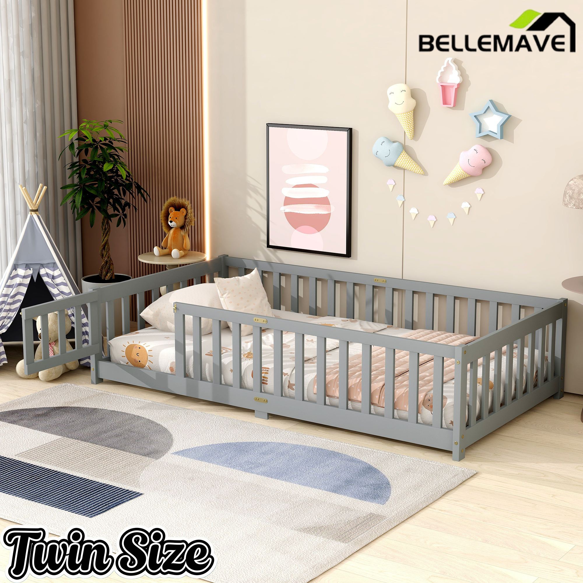 Bellemave® Twin Size Montessori Floor Bed for Kids,Twin Floor Bed Frame with Slats,Solid Wood Twin Bed Frame for Girls Boys,Grey Bellemave®