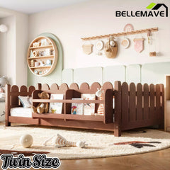 Bellemave® Solid Wood Montessori Floor Bed with High Fence Guardrails, Bookshelf & LED Light, Low Profile Kids Bed Frame Bellemave®
