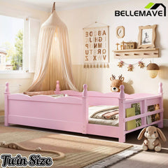 Bellemave® Floor Bed with Bookshelf & Safety Guardrails for Kids, Wooden Montessori Bed Frame with Childlike Design for Girls Boys Bellemave®
