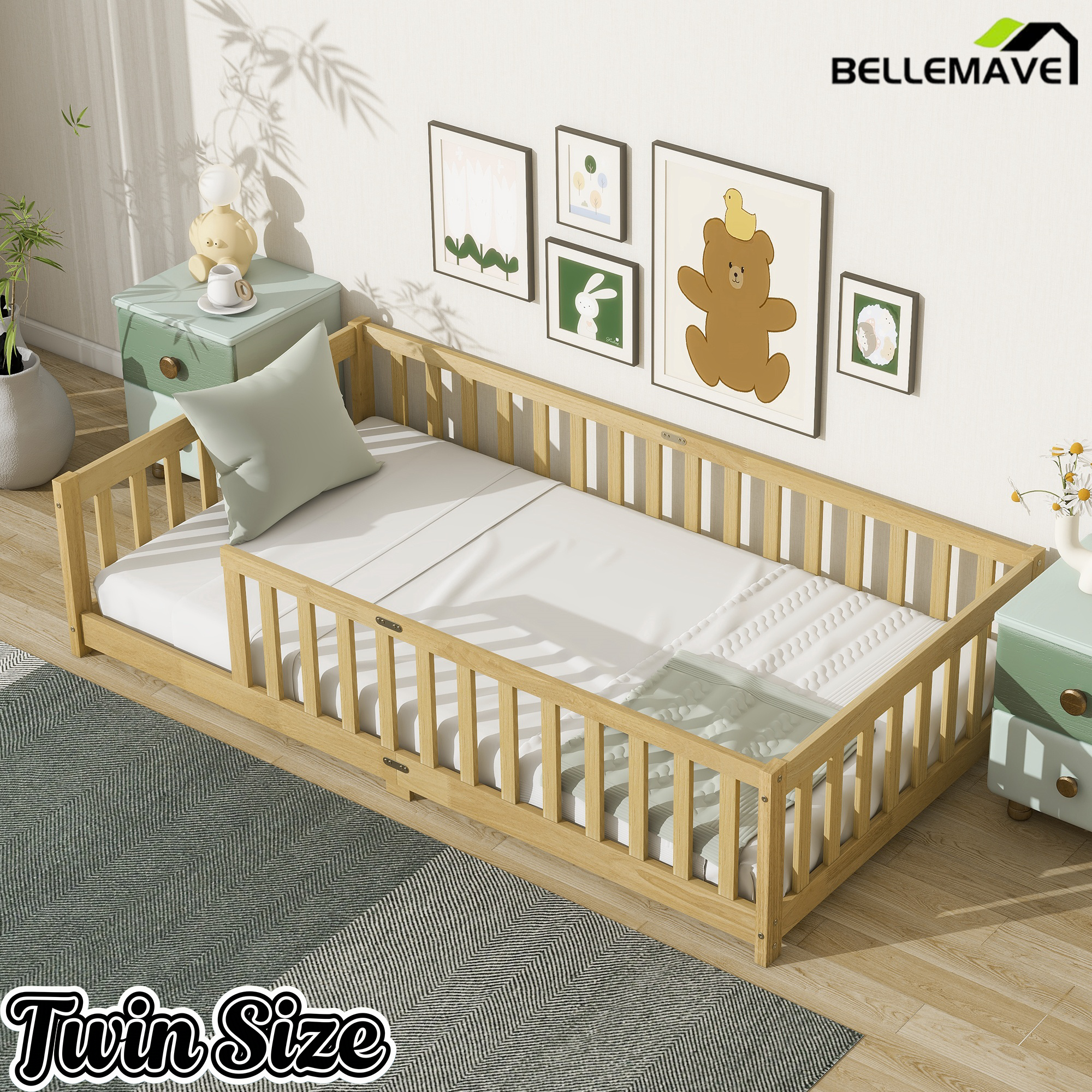 Bellemave® Twin Size Montessori Floor Bed for Kids,Twin Floor Bed Frame with Slats,Solid Wood Twin Bed Frame for Girls Boys,Grey Bellemave®