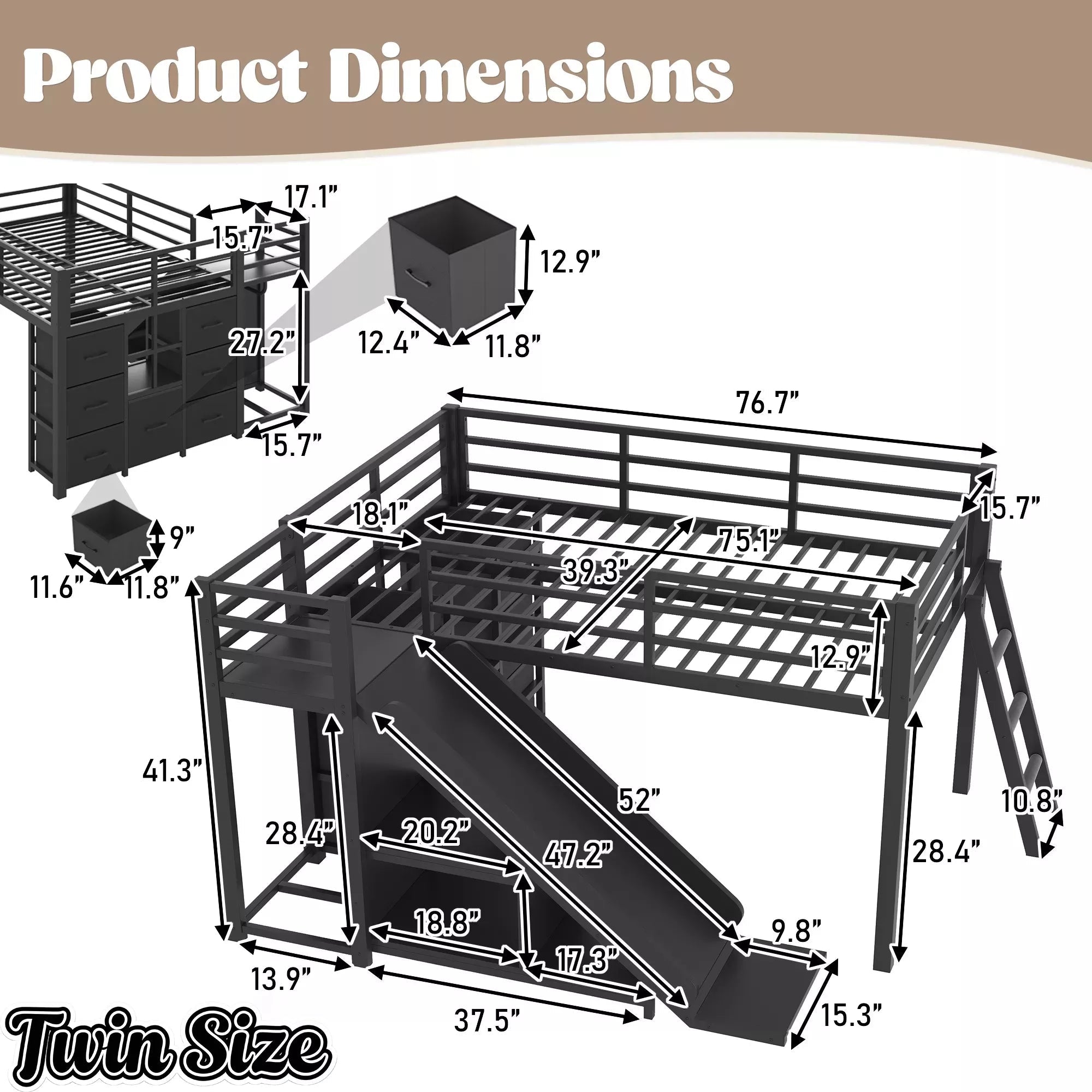 Bellemave® Twin Metal Loft Bed with Slide, 7 Drawers & LED Lights — Storage Shelves & Hanging Area for Kids Bellemave®