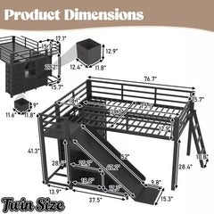 Bellemave® Twin Metal Loft Bed with Slide, 7 Drawers & LED Lights — Storage Shelves & Hanging Area for Kids Bellemave®