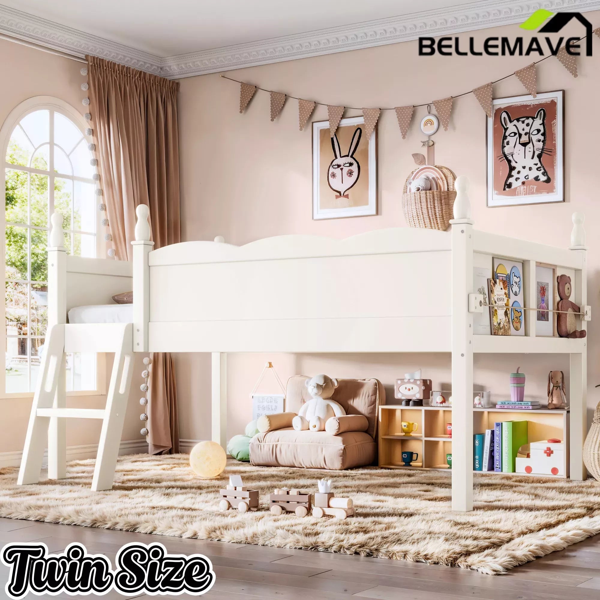 Bellemave® Kids Low Loft Bed with Bookshelf for Girls & Boys Bellemave®
