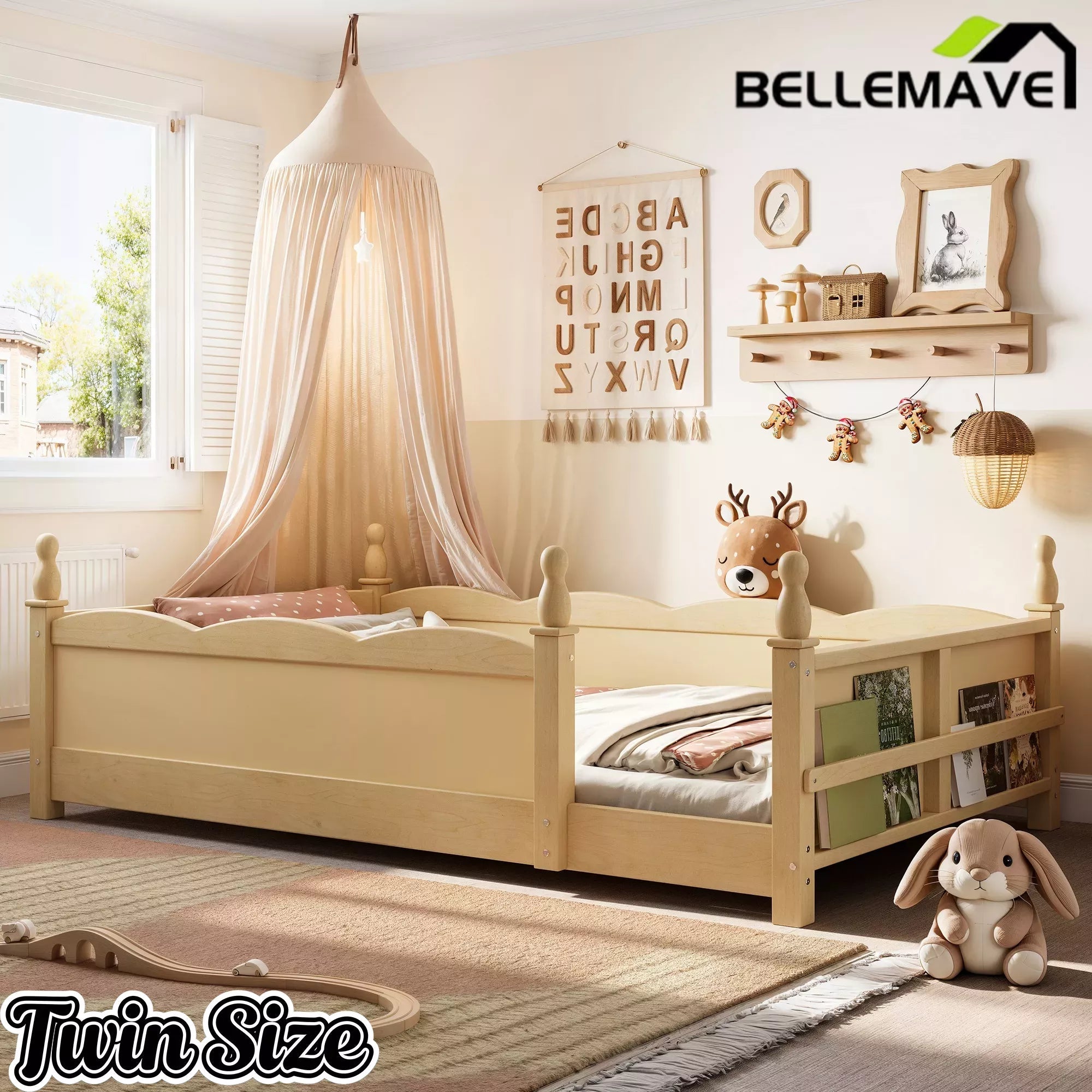 Bellemave® Floor Bed with Bookshelf & Safety Guardrails for Kids, Wooden Montessori Bed Frame with Childlike Design for Girls Boys Bellemave®