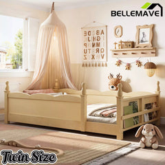 Bellemave® Floor Bed with Bookshelf & Safety Guardrails for Kids, Wooden Montessori Bed Frame with Childlike Design for Girls Boys Bellemave®