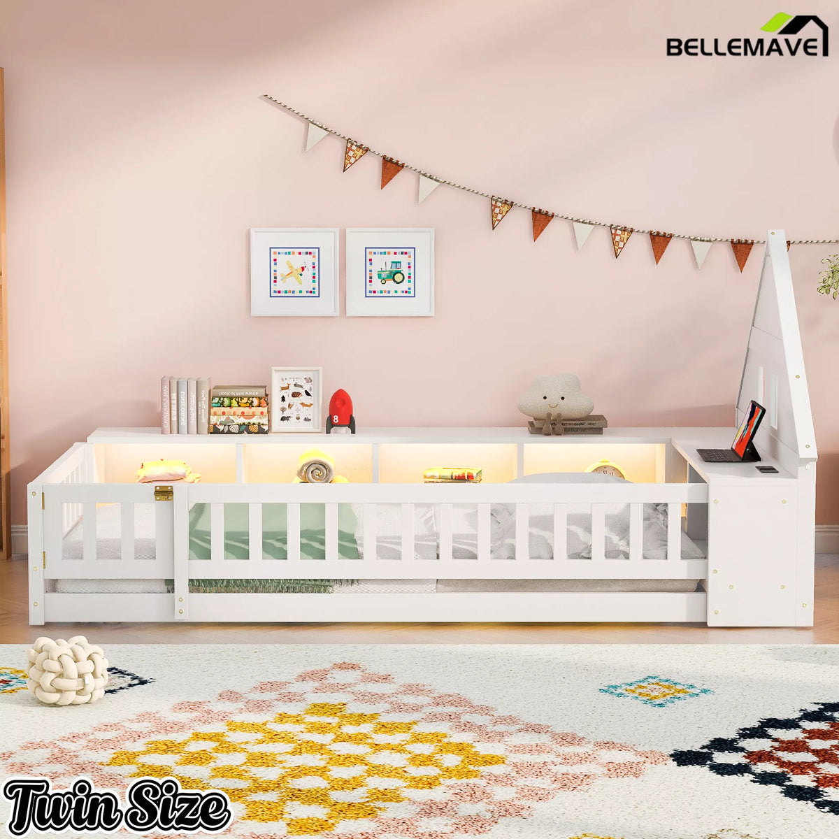 Twin size wood floor bed with house shaped headboard and guardrail
