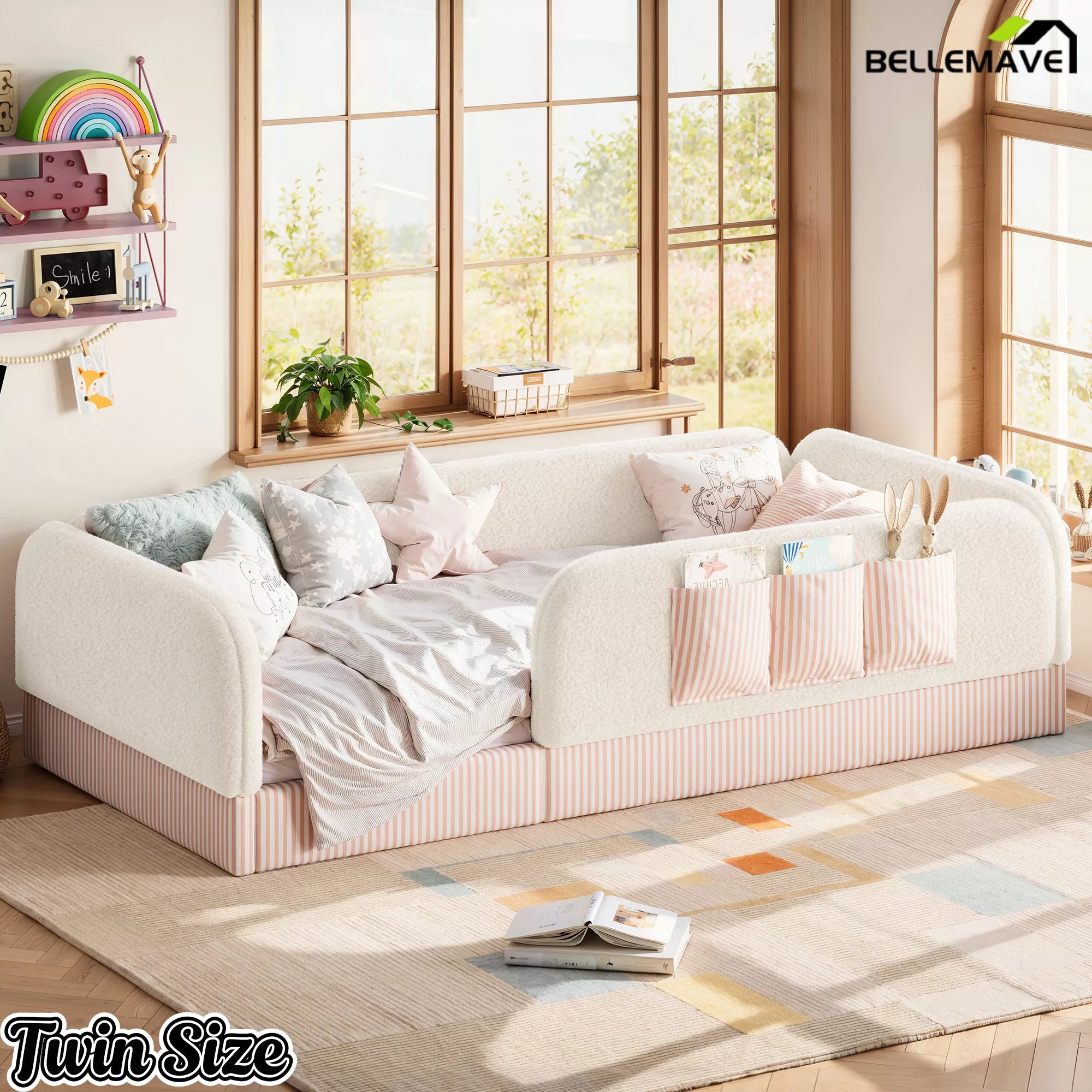 low profile floor bed with side storage pocket for kids