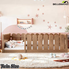 Bellemave® Solid Wood Montessori Floor Bed with Fence Guardrails, Low Profile Kids Floor Bed Frame