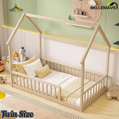 Side view of Bellemave® natural wood twin floor bed with guardrails