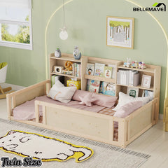 Kids floor bed frame with low platform design and storage