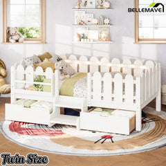 Bellemave® Kids Platform Bed with Guardrail, Bookshelf, Stairs & LED Lights