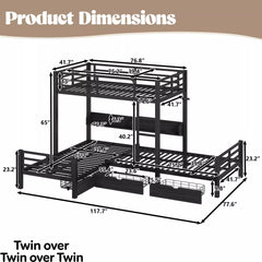 Bellemave® Triple Bunk Bed with Built-in Storage - Space Saving L-Shaped Loft Bed with LED Lighting & USB Ports for Kids, Twin over Twin & Twin, Black Bellemave®