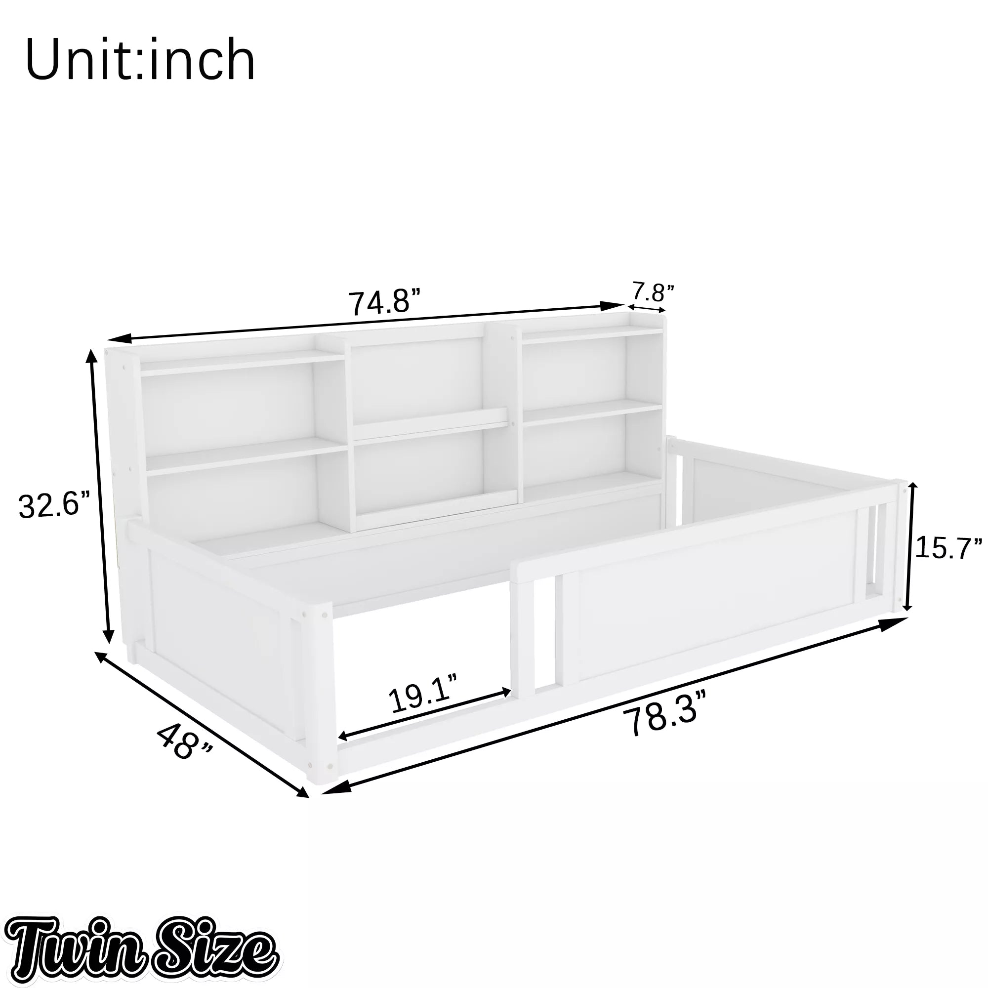 Twin size wooden kids floor bed dimensions with guardrails
