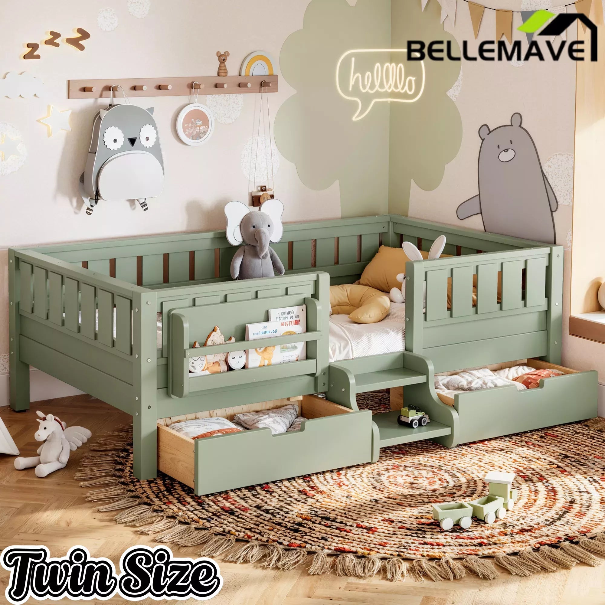 Bellemave® Montessori Bed with Stairs, Rails & Slats, Montessori Floor Bed with Bookshelf & 2 Storage Drawers for Girls & Boys Bellemave®