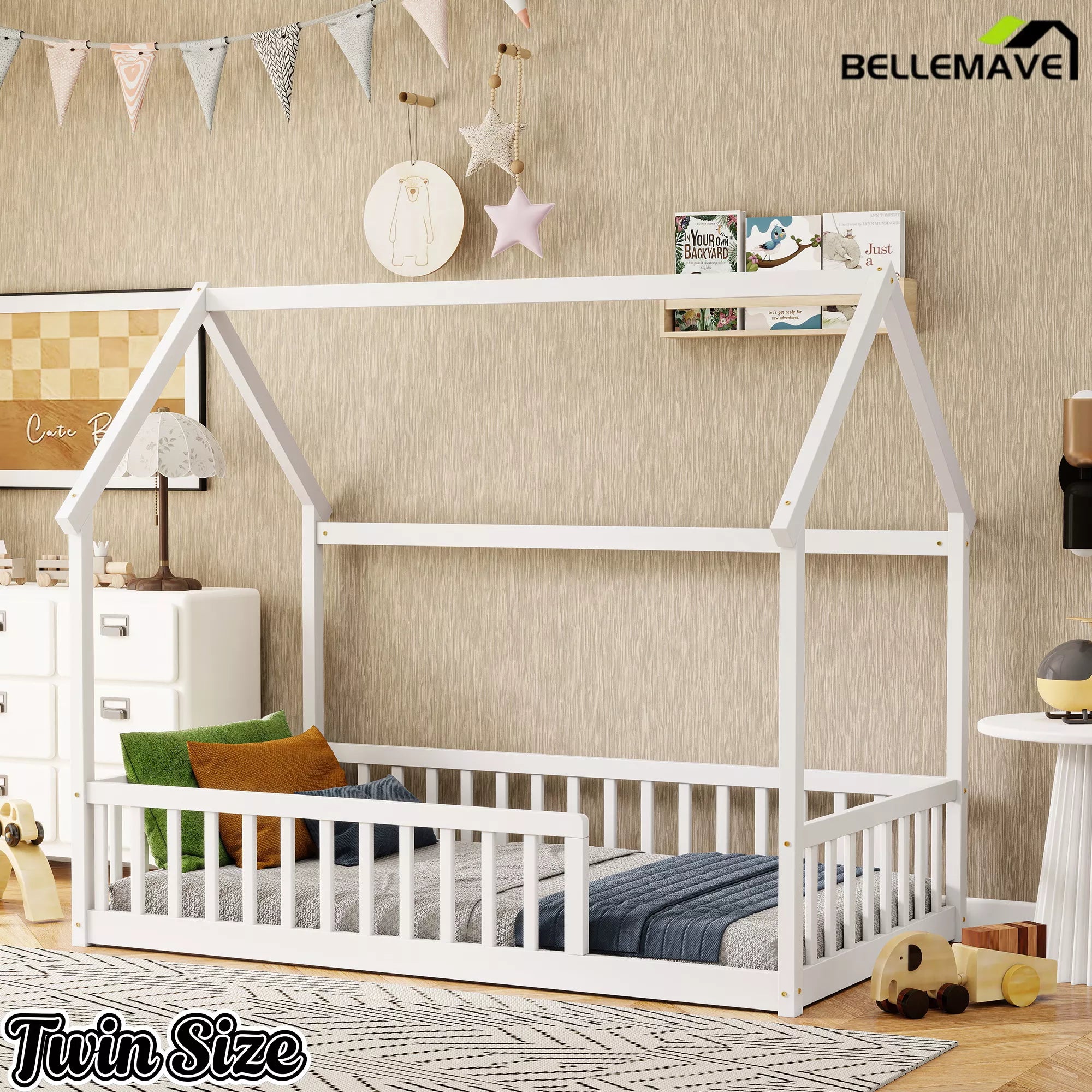 Bellemave® white twin Montessori floor bed with fairy lights
