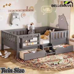 Bellemave® Montessori Bed with Stairs, Rails & Slats, Montessori Floor Bed with Bookshelf & 2 Storage Drawers for Girls & Boys Bellemave®