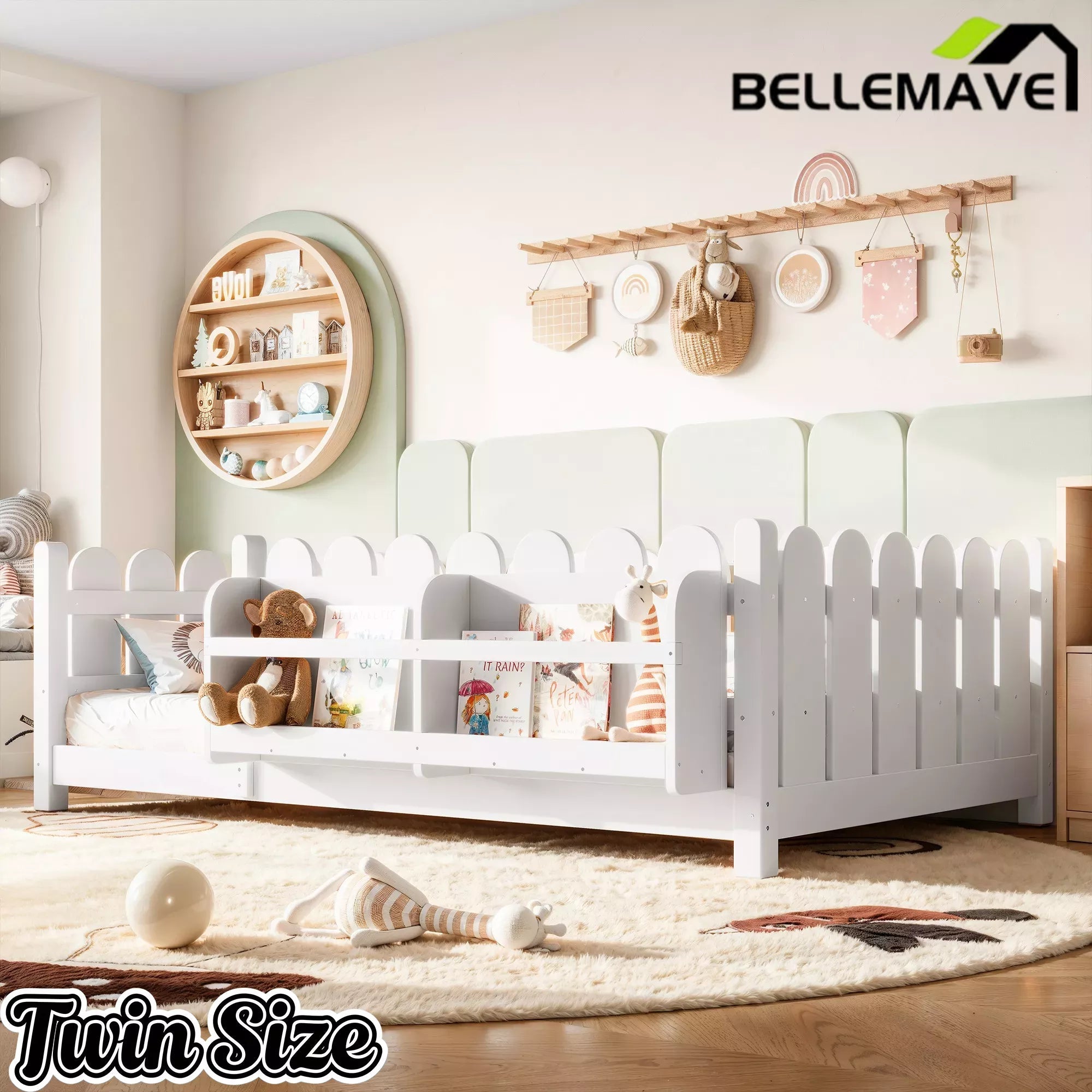 Bellemave® Solid Wood Montessori Floor Bed with High Fence Guardrails, Bookshelf & LED Light, Low Profile Kids Bed Frame Bellemave®