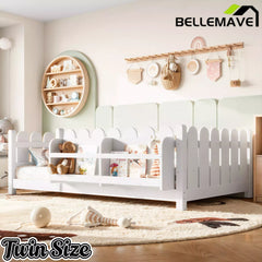 Bellemave® Solid Wood Montessori Floor Bed with High Fence Guardrails, Bookshelf & LED Light, Low Profile Kids Bed Frame Bellemave®