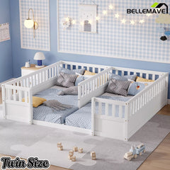 Bellemave® Double Twin Floor Bed with Guardrails, Pine Wood Kids Floor Bed with Open Entrance, Semi-Enclosed Montessori Bed Frame