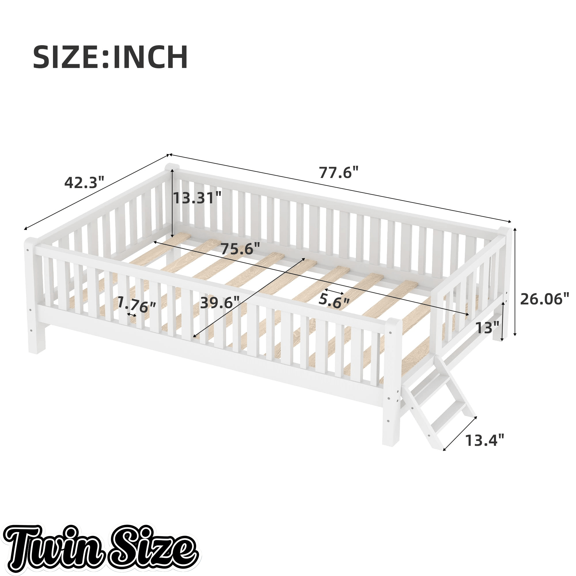 Bellemave® Wood Twin Size Platform Bed with Guardrail, Kids Bed Frame with Stairs Bellemave®