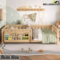 Bellemave® Kids Montessori Floor Bed with Safety Guardrails, Built-in Bookcase & Wooden Slats — Twin, Full, Queen Sizes Bellemave®