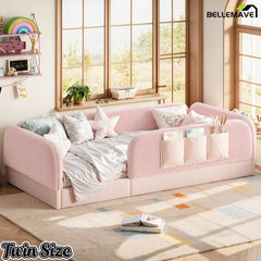 Bellemave® Kids Upholstered Floor Bed with Full Surround Safety Rails, Montessori Low Profile Bed with Teddy Fleece Frame & Side Storage Pocket