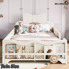 Front view white twin size wooden kids bed with bow headboard, safety guardrails and footboard book storage shelf for girl bedroom