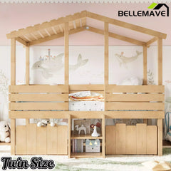 Bellemave® House Bed with Stairs & Storage Drawers for Kids, Wood Low Loft Bed Frame, House-shaped Roof, Childlike Design, Farmhouse Style Bellemave®
